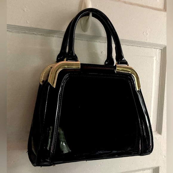 Vintage Handbags - Vintage Black Patent Leather Satchel Bag with Gold Details